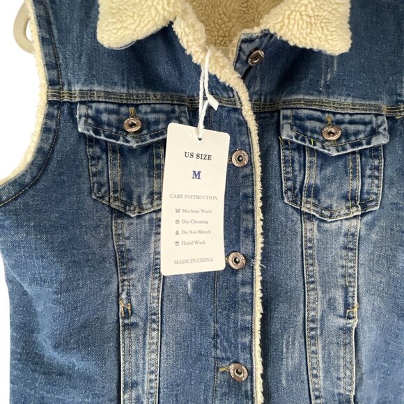 Omoone Sherpa-Lined New Denim Vest Button Closure M Blue Sleeveless Jacket Stree - Picture 4 of 7